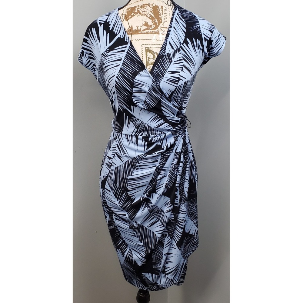 Maggy London Faux-Wrap Dress Womens 4 Blue Black Palm Leaf Print Tie Back